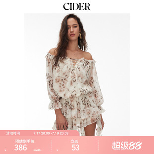 CIDER2026春季新品雪纺动物印花露肩荷叶边迷你连衣裙115094075