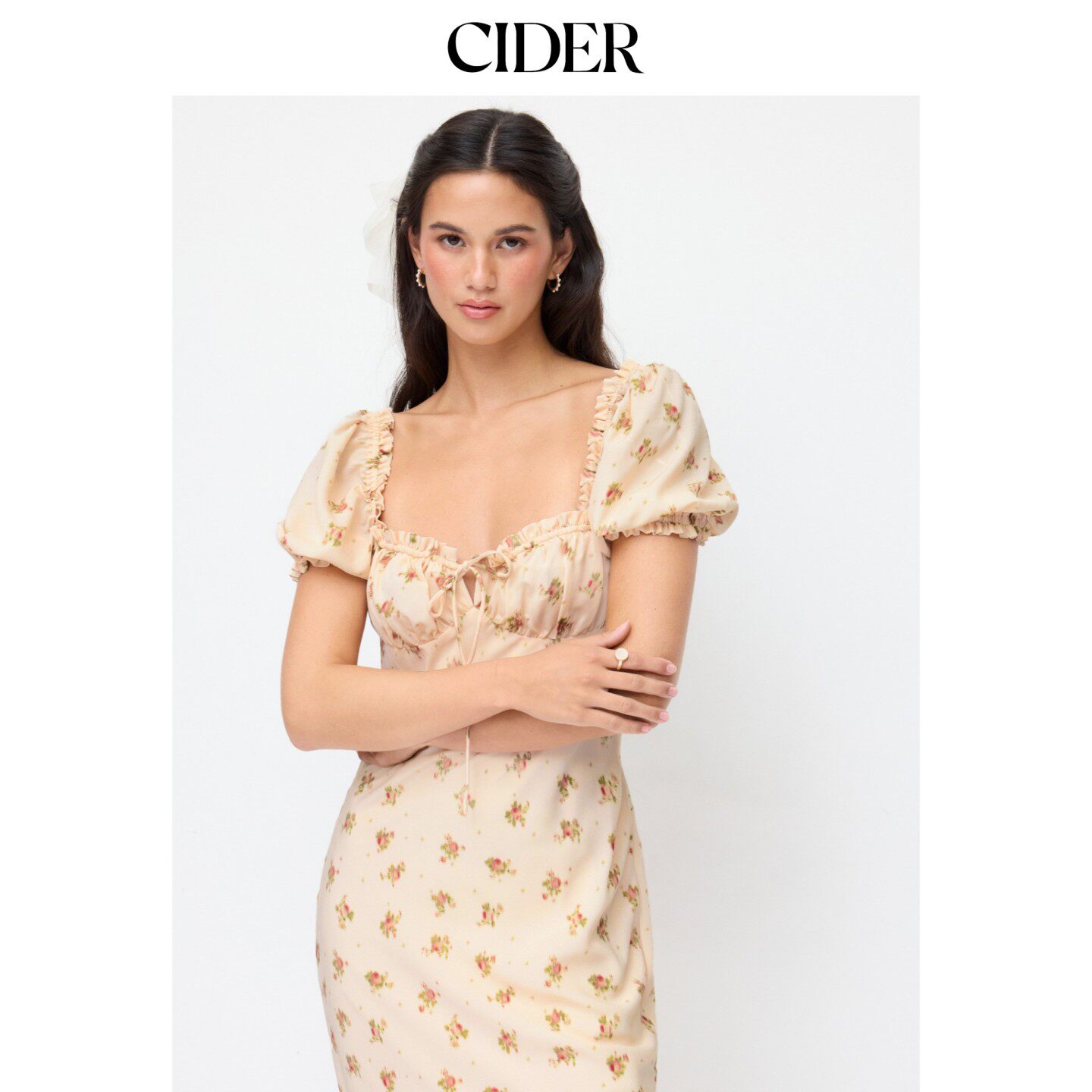 CIDER2026春季新品缎面碎花心形蓬袖荷叶边鱼尾长连衣裙115354779