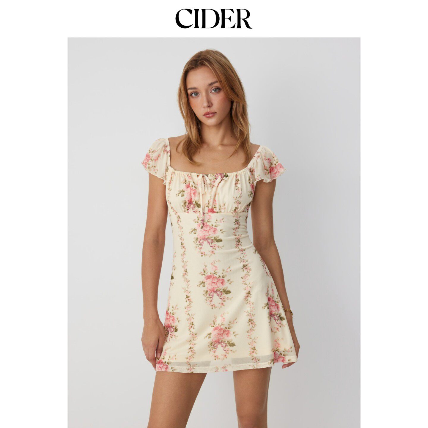 CIDER2026早秋季新品碎花方领荷叶袖系带A字迷你连衣裙115368087图片