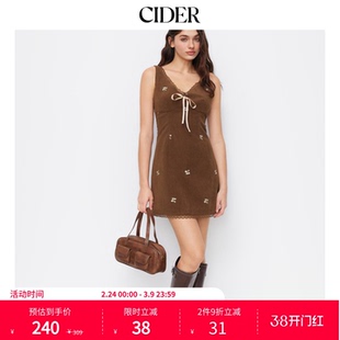 CIDER可爱风灯芯绒碎花V领蕾丝边蝴蝶结迷你连衣裙114830585