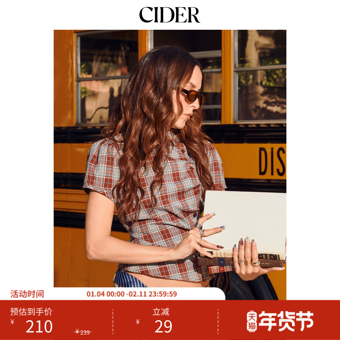 CIDER格纹格子衬衣上衣翻领泡泡袖美式复古扣纽衬衫女11477