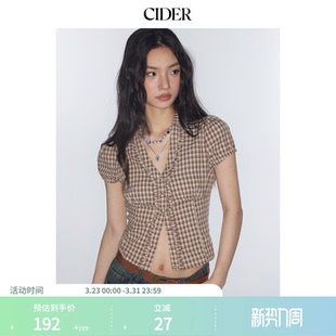 衬衫 CIDERmiu系V领格子纹收腰拼接学院风短袖 11388 明星同款