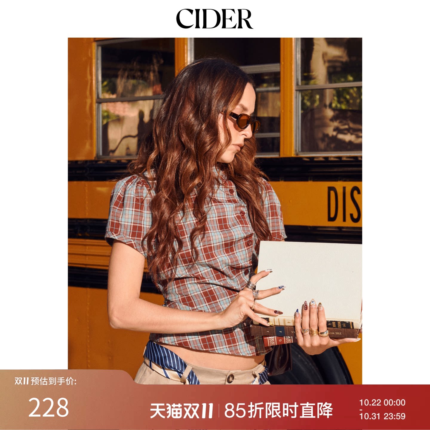 CIDER格纹上衣美式休闲复古衬衫格子修身短袖女装1147759