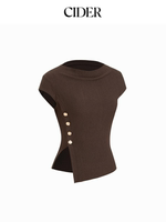 CIDER, a short short-sleeved top with an asymmetrical hem, metal buttons and slits, 115025018 thumbnail 6