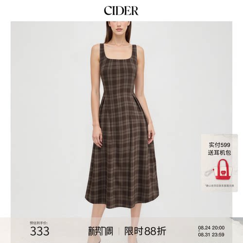 CIDER春秋新品女装格纹方领褶皱拉链长连衣裙113496270