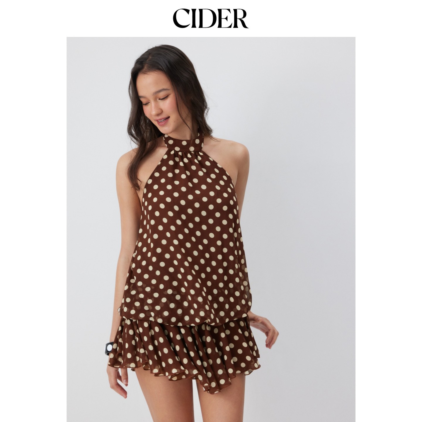 CIDER2026早秋季新品雪纺波点挂脖荷叶边泡泡迷你连衣裙115465465图片