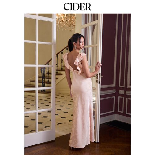 CIDER2026早秋穿搭缎面提花V领荷叶边长连衣裙115254281