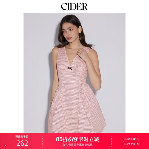 CIDER2026春季新品纯棉V领波点蝴蝶结迷你连衣裙115217544