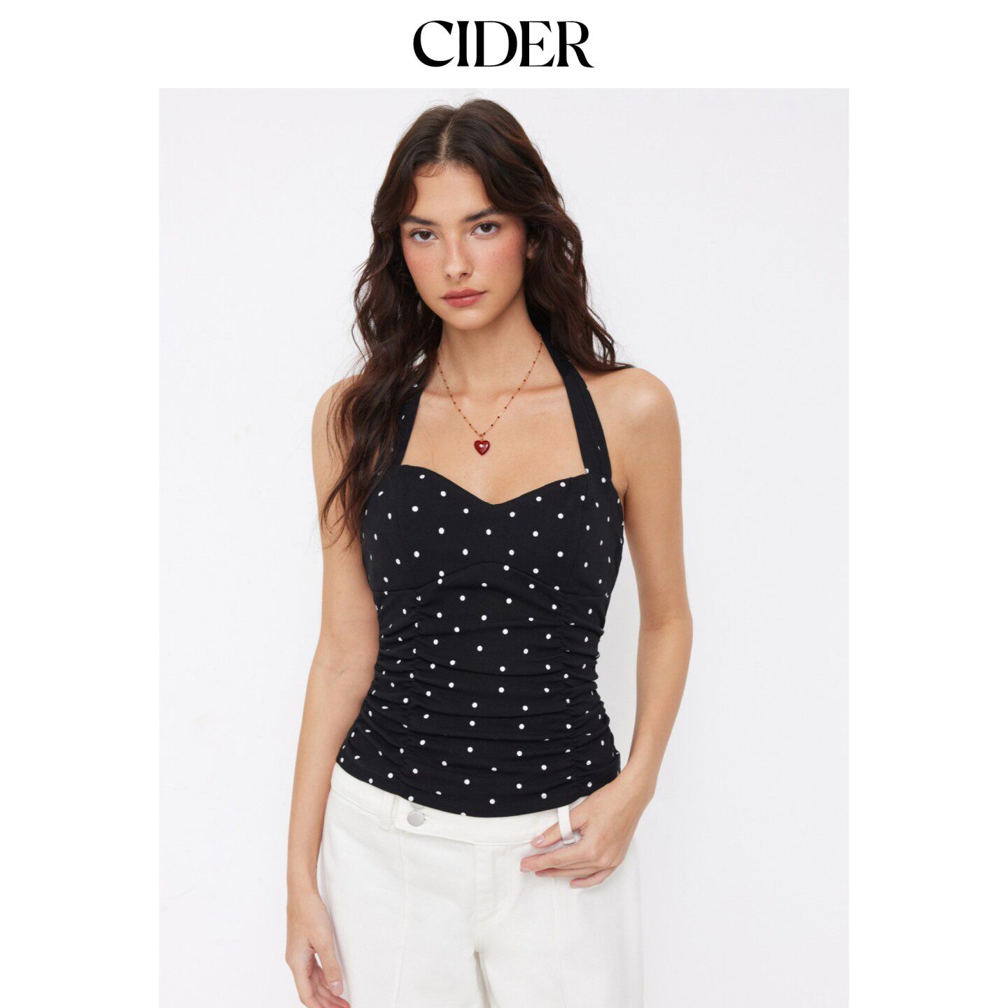 CIDER2026早秋穿搭棉质波点挂脖抽褶系带露背上衣115129688图片