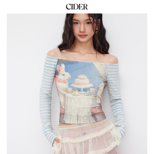 CIDER落肩甜辣风兔子印花条纹拼接T恤女114841798 明星同款