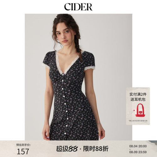 CIDER2026春季新品碎花V领蕾丝边高腰A字迷你连衣裙115285474