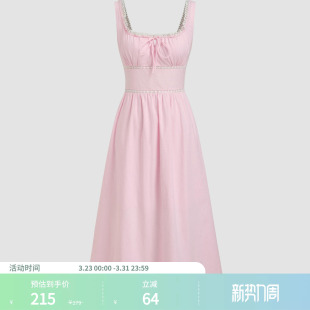 CIDER夏季 棉质方领系带褶饰长吊带连衣裙114645614 女装