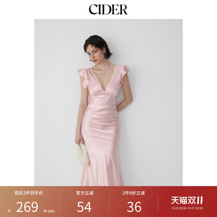 CIDER秋季新品缎面碎花V领荷叶袖鱼尾长连衣裙115435780