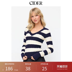 【明星同款】CIDER套头针织条纹宽松V领长袖毛衣上衣115076423