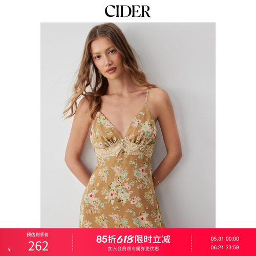 CIDER2026春季新品碎花V领褶皱蕾丝睡裙式长连衣裙115252462