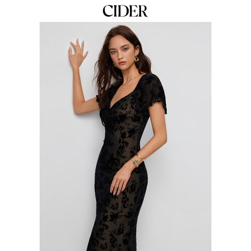 CIDER网眼植绒碎花心形荷叶袖美人鱼中长连衣裙115430062