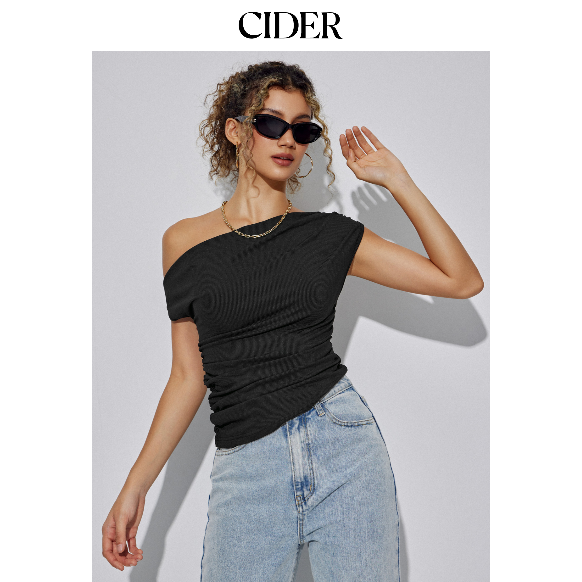 CIDER夏季新品女装不对称领口褶皱斜肩短款上衣1033566
