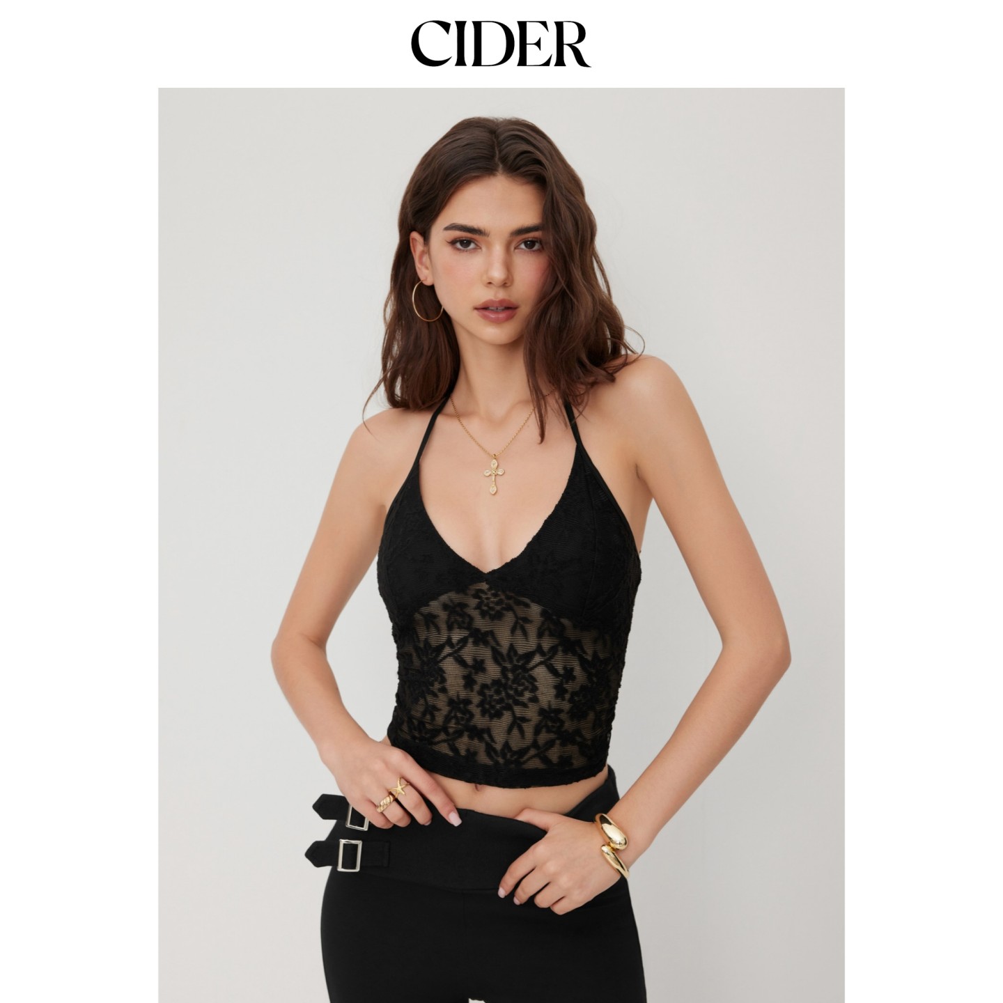 CIDER2026早秋穿搭蕾丝挂脖碎花吊带短款上衣114525340图片