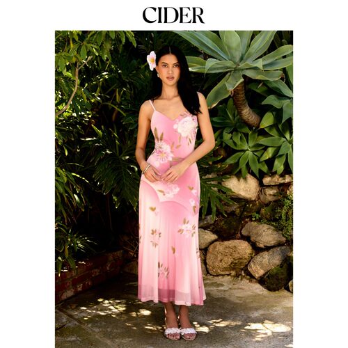 CIDER2026春季新品网纱碎花V领水钻美人鱼长连衣裙115323724