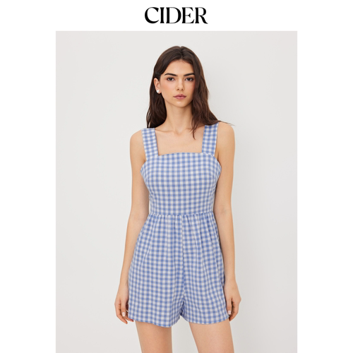 CIDER夏季新品女装全棉方领格纹蝴蝶结连体裤114521875