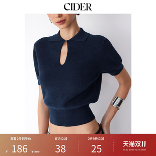 CIDER2026秋季新品针织棉混纺翻领短袖镂空上衣115643610