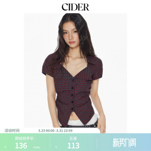 明星同款 格纹小蛮腰衬衫 CIDER美式 短袖 114976419 v领全棉小衫