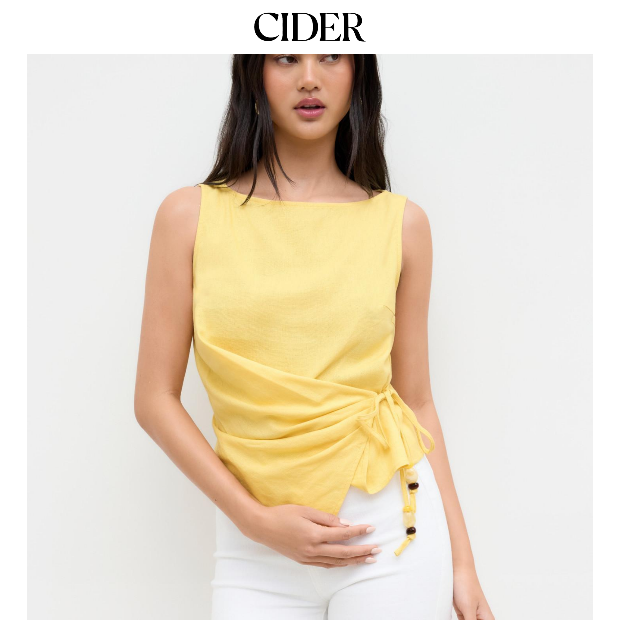 CIDER夏季新品女装亚麻串珠系带褶皱抹胸上衣114517794
