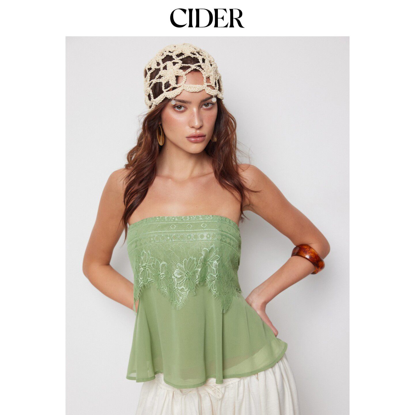 CIDER2026早秋穿搭碎花蕾丝抽褶短款雪纺抹胸上衣115229718图片