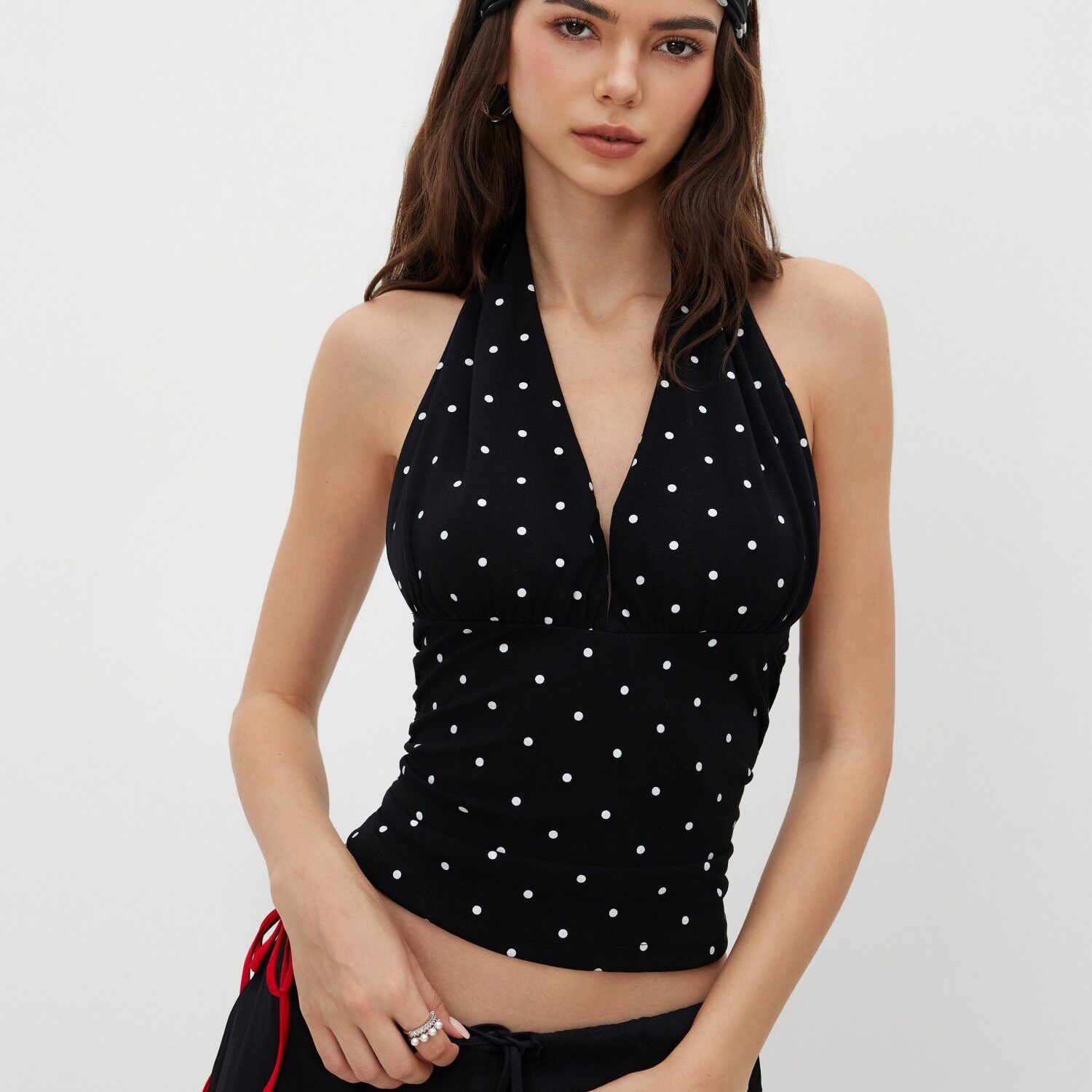 CIDER棉混纺挂脖背心荡领波点褶皱性感外穿短款无袖上衣114631621