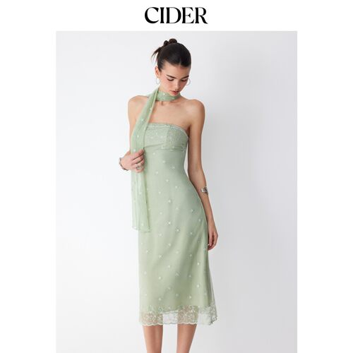 CIDER网纱缎面星星刺绣抹胸A字中长连衣裙配围巾115748780