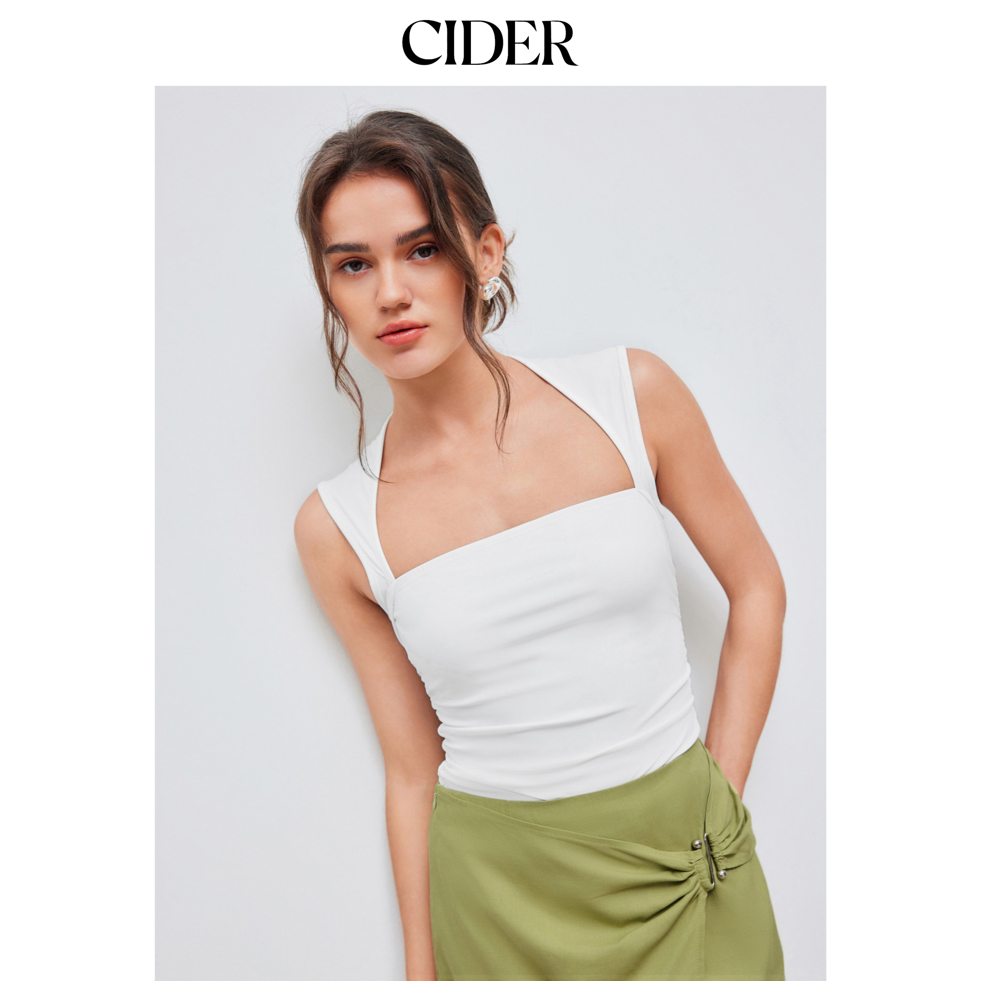 CIDER 夏季新品女装色方领抽褶抹胸上衣 110117399