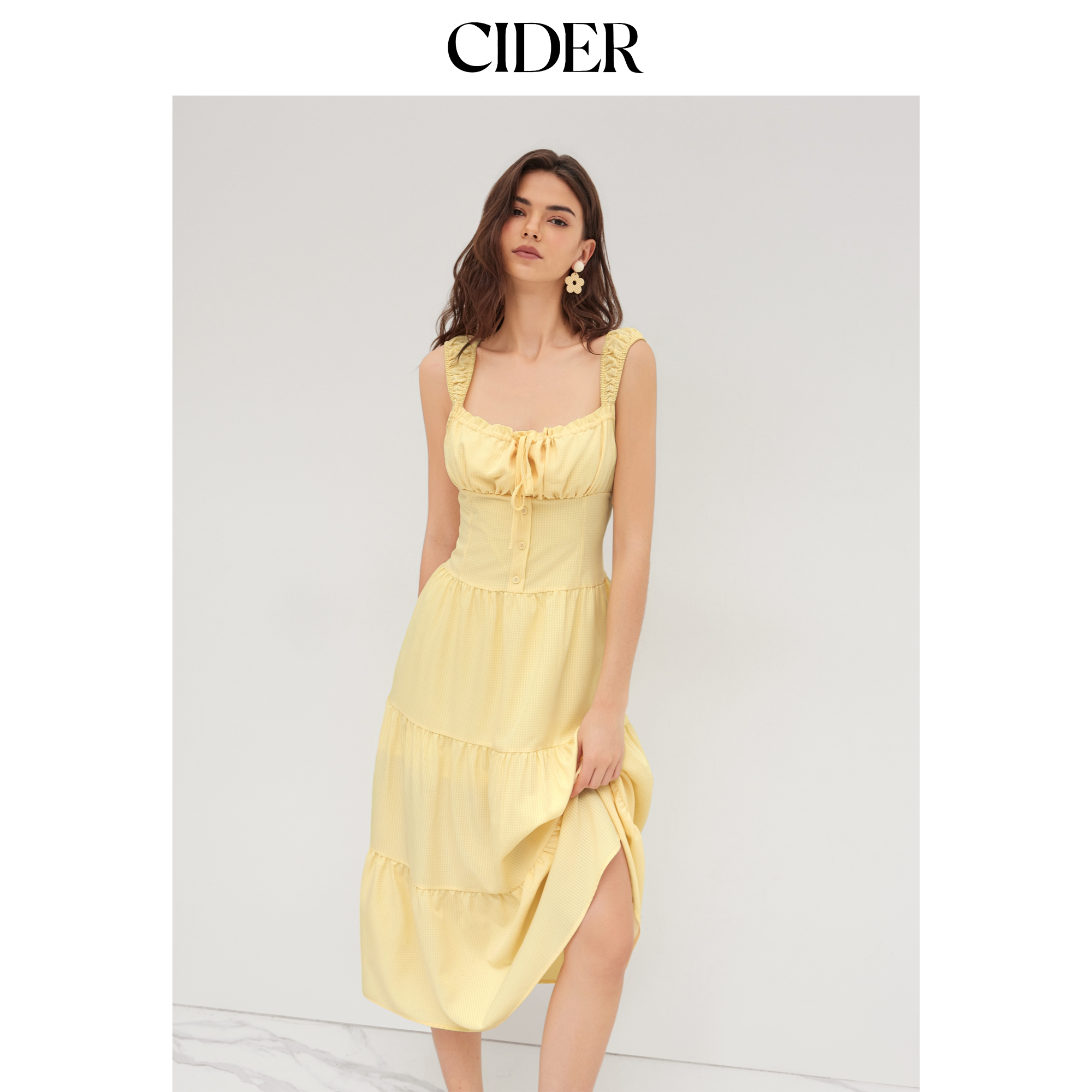 CIDER方领格纹多层荷叶边连衣裙图片