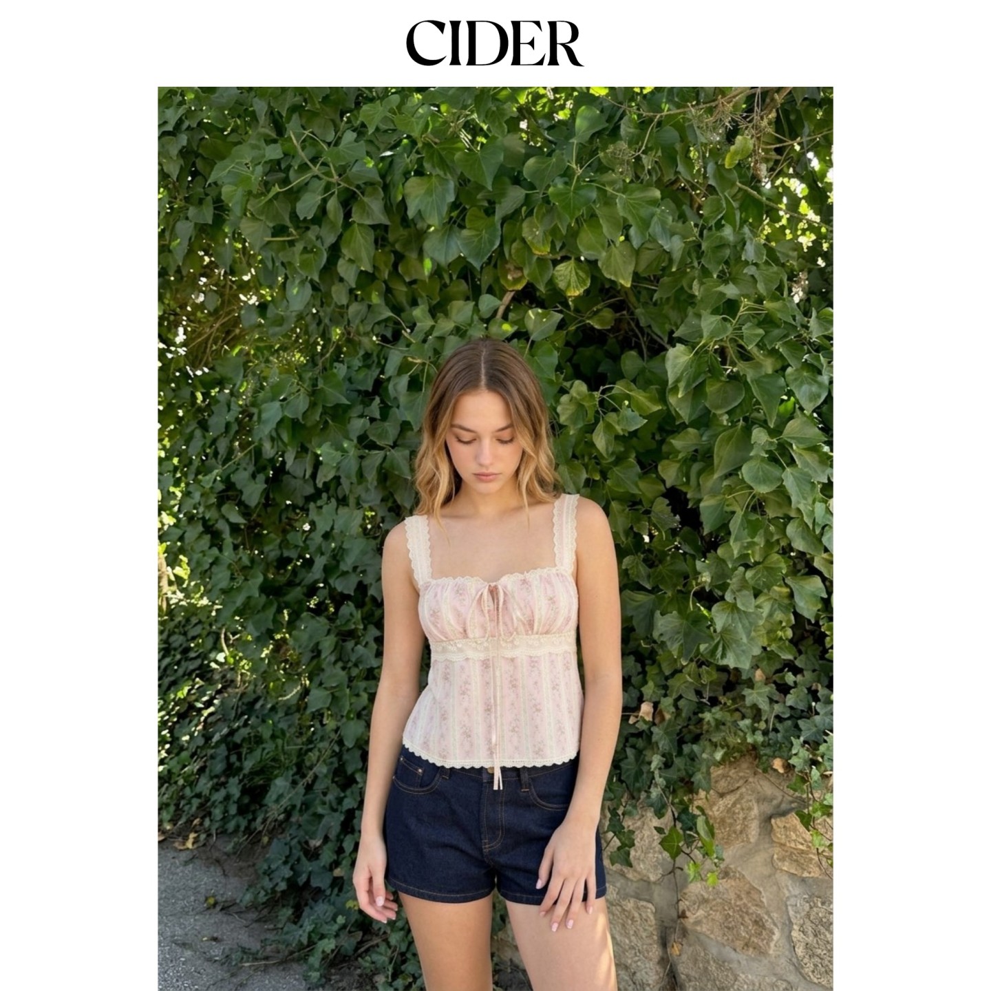 CIDER2026早秋季新品碎花条纹方领蕾丝系带短款上衣115445270图片