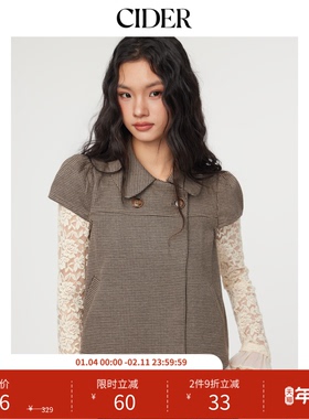 CIDER彼得潘领外套格子衬衫复古翻领格纹休闲短袖上衣114740919