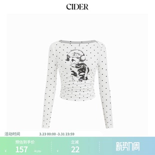 CIDER春秋女装 棉波点猫咪印花船领褶皱上衣114941376