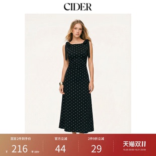 CIDER圆点蝴蝶结棉混纺船领中长连衣裙115091976