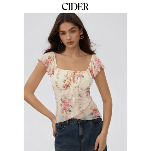 CIDER2026春季新品碎花雪纺方领扭结荷叶袖短款上衣115214409