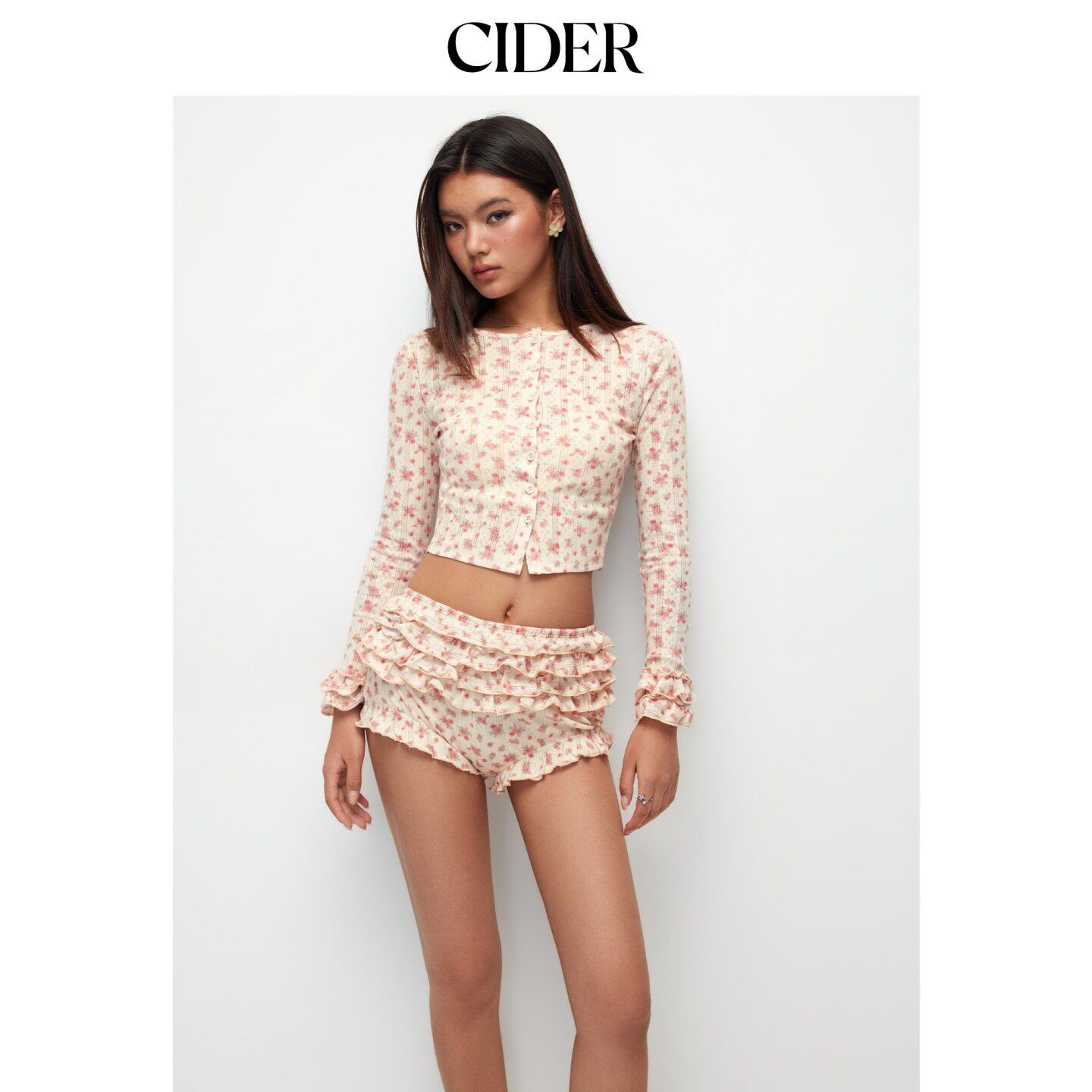CIDER棉质碎花纽扣上衣荷叶边短裤棉绸套装女家居服套装114787941图片