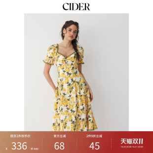 CIDER棉质柠檬印花甜心泡袖蕾丝边中长连衣裙115399069