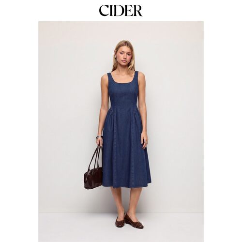 CIDER2026秋季新品牛仔方领水洗褶皱A字中长连衣裙115531128