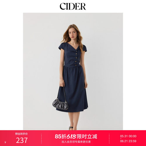 CIDER2026春季新品不对称领格子抽褶绑带中长伞裙连衣裙115041914