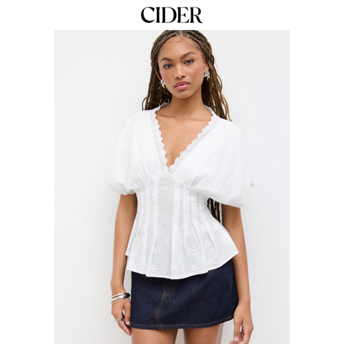 CIDER棉质V领英式刺绣短款短袖百褶衬衫女装114745091