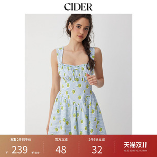 CIDER条纹水果印花方领系带荷叶边A字迷你连衣裙115401852