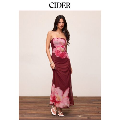 CIDER2026夏季新品碎花网纱抹胸A字长连衣裙115331249
