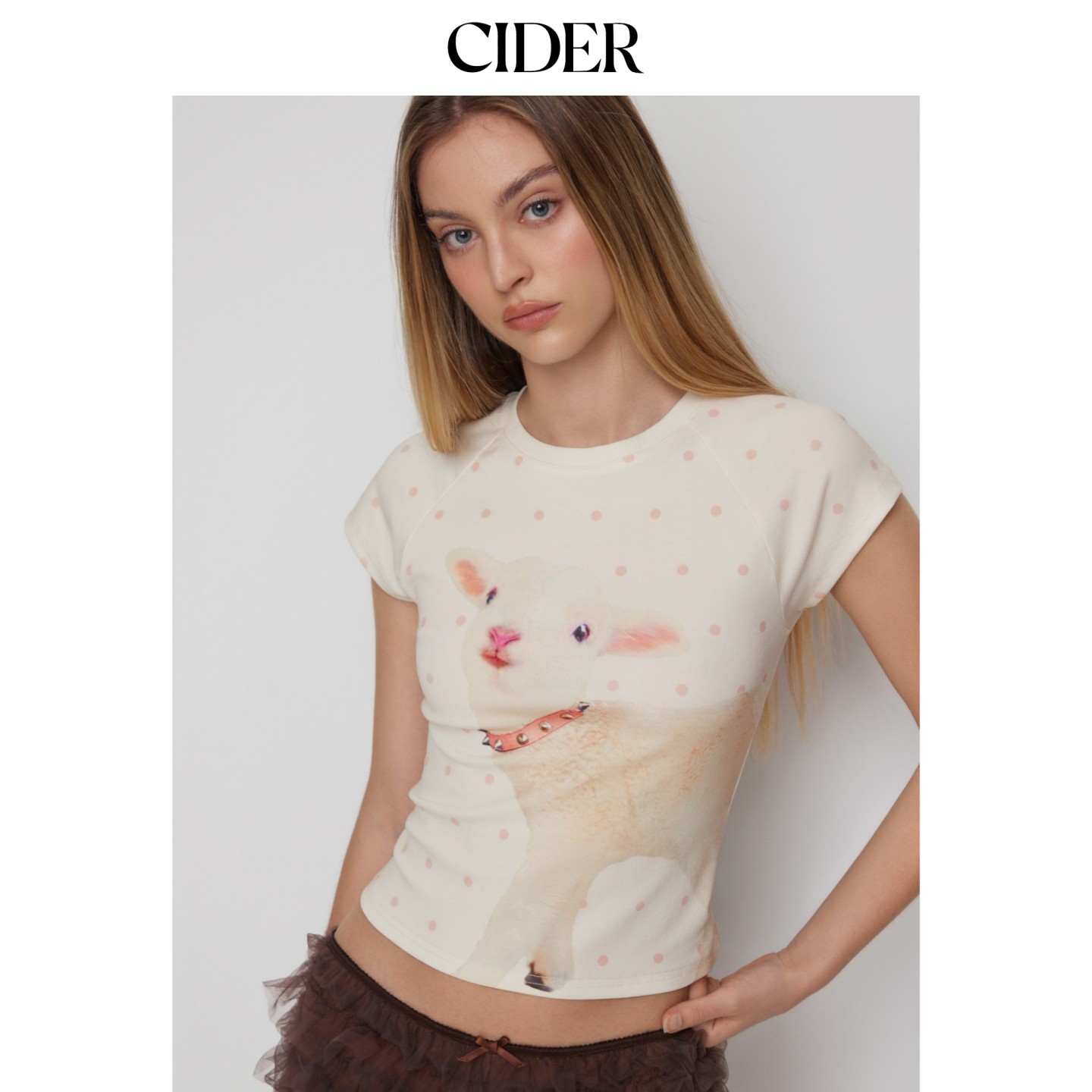 CIDER2026早秋穿搭波点羊羔印花短袖T恤115341350图片