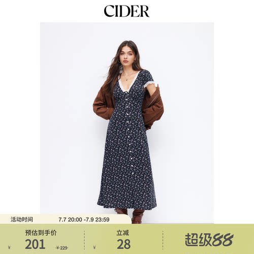CIDER碎花V领短袖蕾丝镶边纽扣长连衣裙115004694