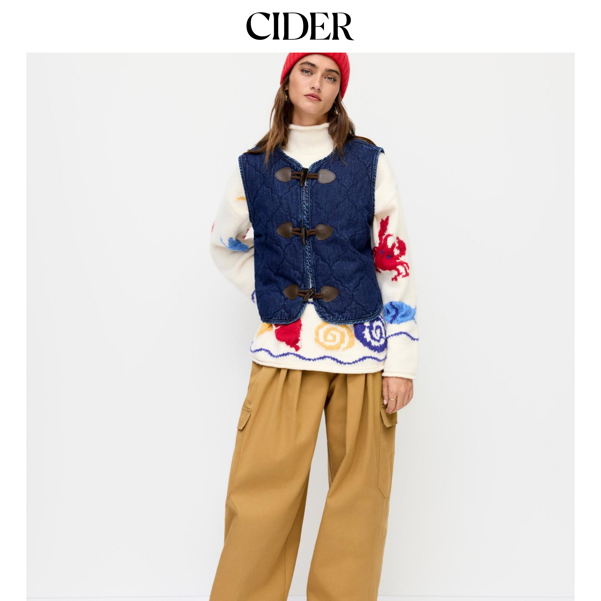 CIDER 春秋新品女装牛仔V领按扣绗缝背心114934183