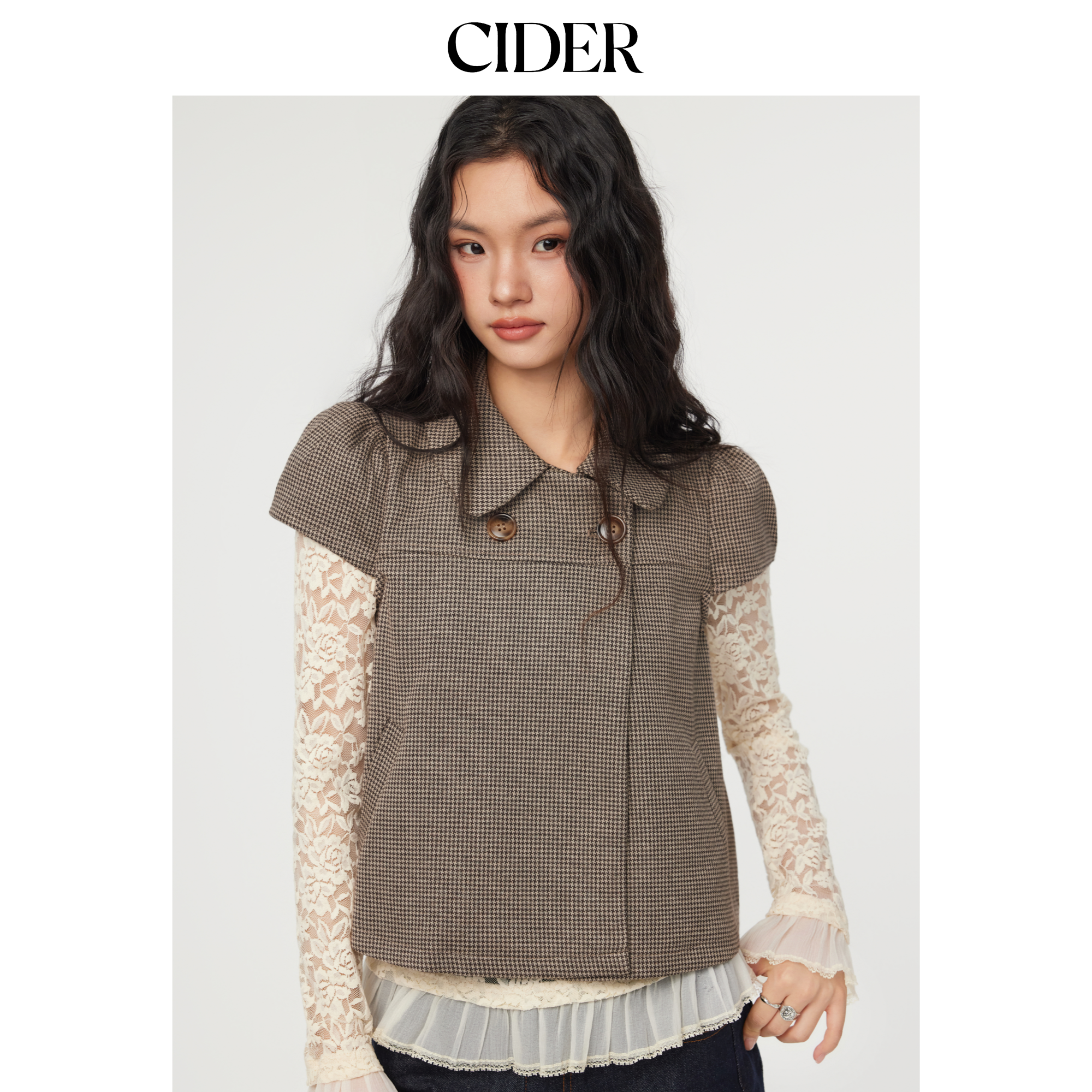 CIDER彼得潘领外套格子衬衫复古翻领格纹休闲短袖上衣11474