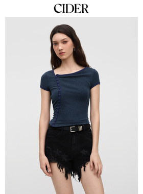 CIDER美式漂亮小上衣领口条纹设计感短袖T恤114575897