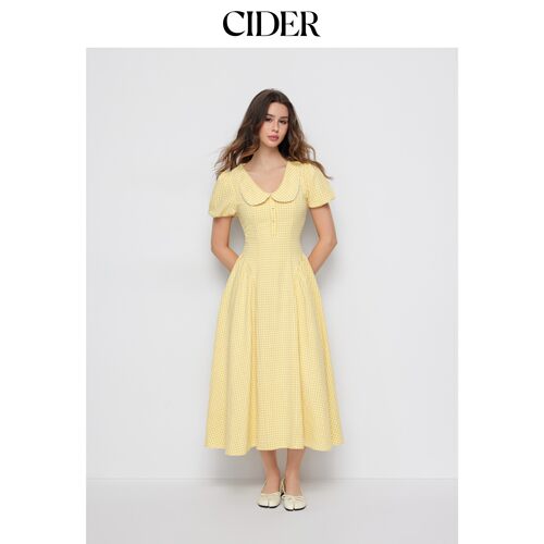 CIDER格纹彼得潘翻领泡泡袖荷叶边喇叭长连衣裙115729949